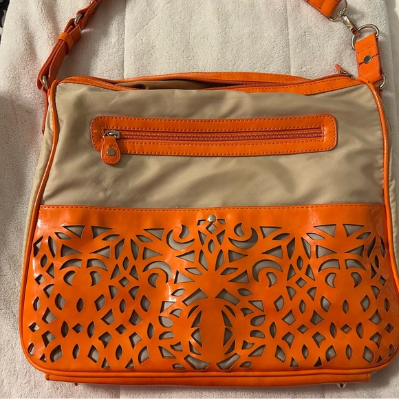 Sondra Roberts Handbags - Sondra Roberts Beige Nylon and Orange Cutout Shoulder Bag